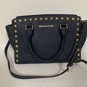 Michael Kors SELMA Studded Black Leather Gold Hardware Shoulder Crossbody EUC